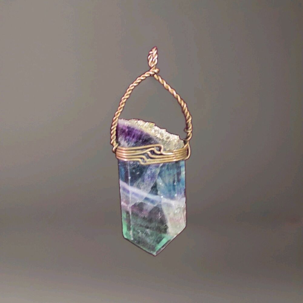 Rainbow Fluorite Point Pendant Golden Wire Wrap Handmade Unique Raw Sparkly End